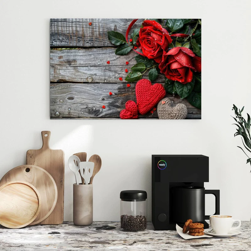 Metall Magnettafel - Rosen mit Strickherzen