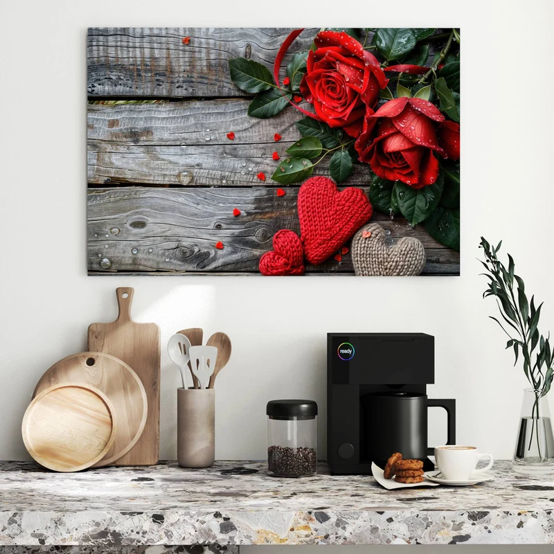Metall Magnettafel - Rosen mit Strickherzen