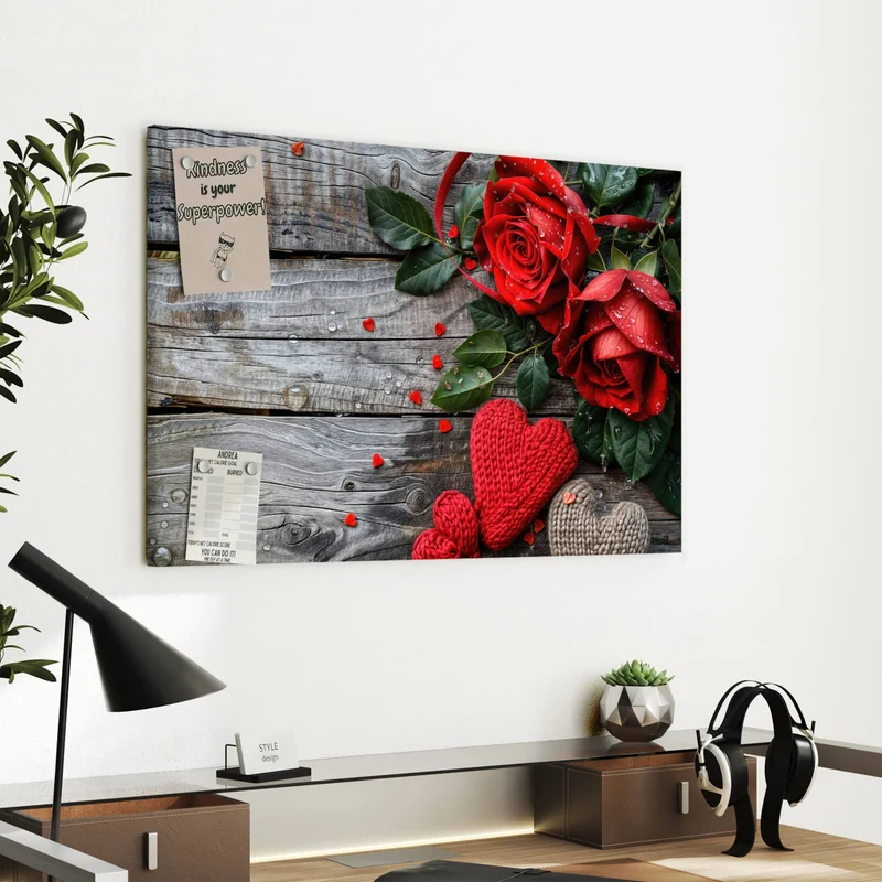 Metall Magnettafel - Rosen mit Strickherzen