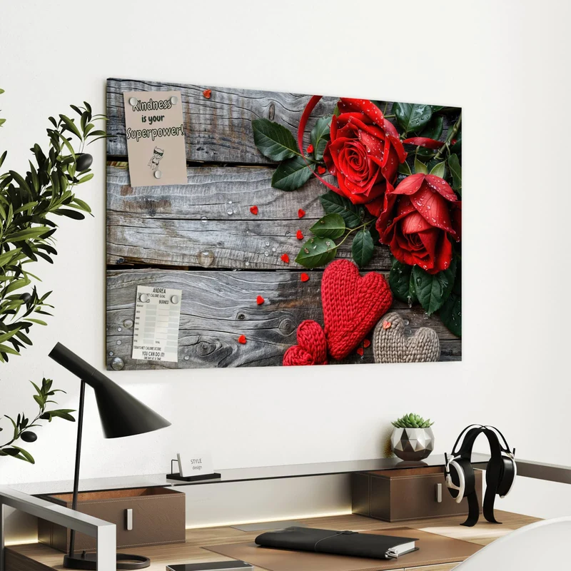 Metall Magnettafel - Rosen mit Strickherzen