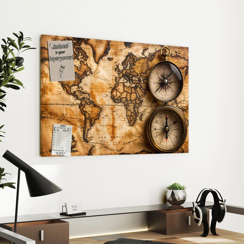Metall Magnettafel - Weltkarte mit Kompassen