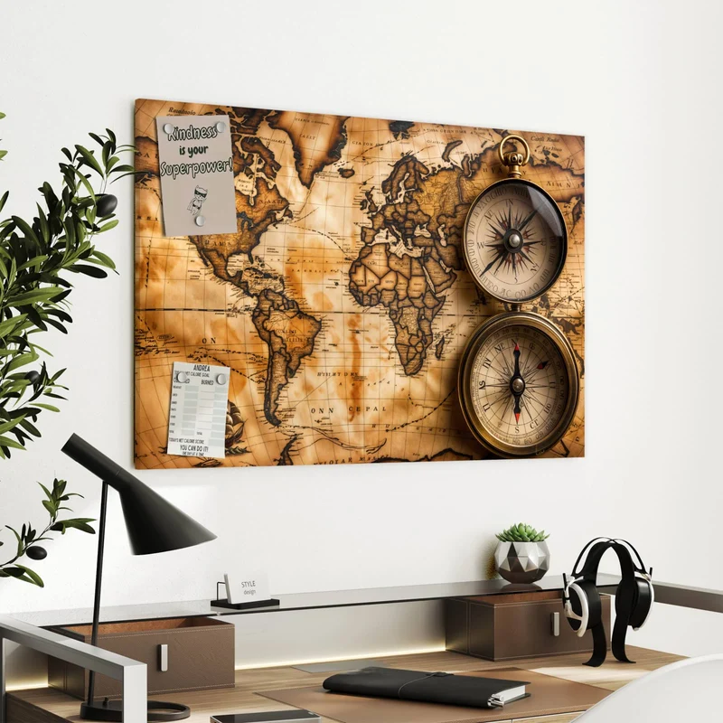 Metall Magnettafel - Weltkarte mit Kompassen
