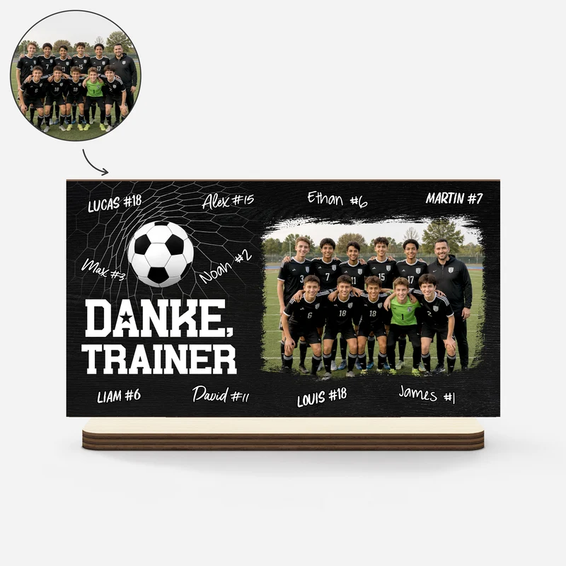 Danke Trainer Fußball - Personalisierte Geschenke Foto | Holzaufsteller Mit Standfuß