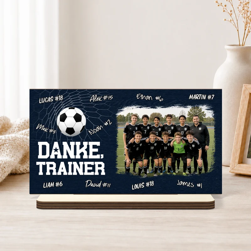 Danke Trainer Fußball - Personalisierte Geschenke Foto | Holzaufsteller Mit Standfuß