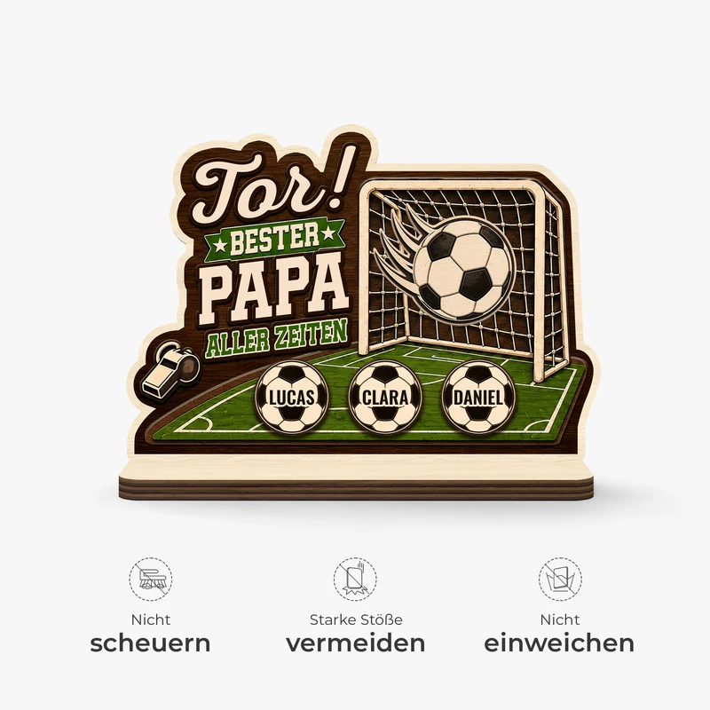 [3D-Optik] Tor Bester Papa Aller Zeiten - Personalisiertes Geschenk | Holzaufsteller Mit Standfuß Papa Mama Fußball