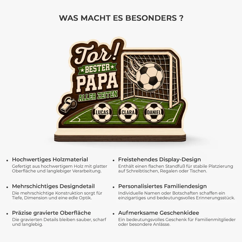 [3D-Optik] Tor Bester Papa Aller Zeiten - Personalisiertes Geschenk | Holzaufsteller Mit Standfuß Papa Mama Fußball