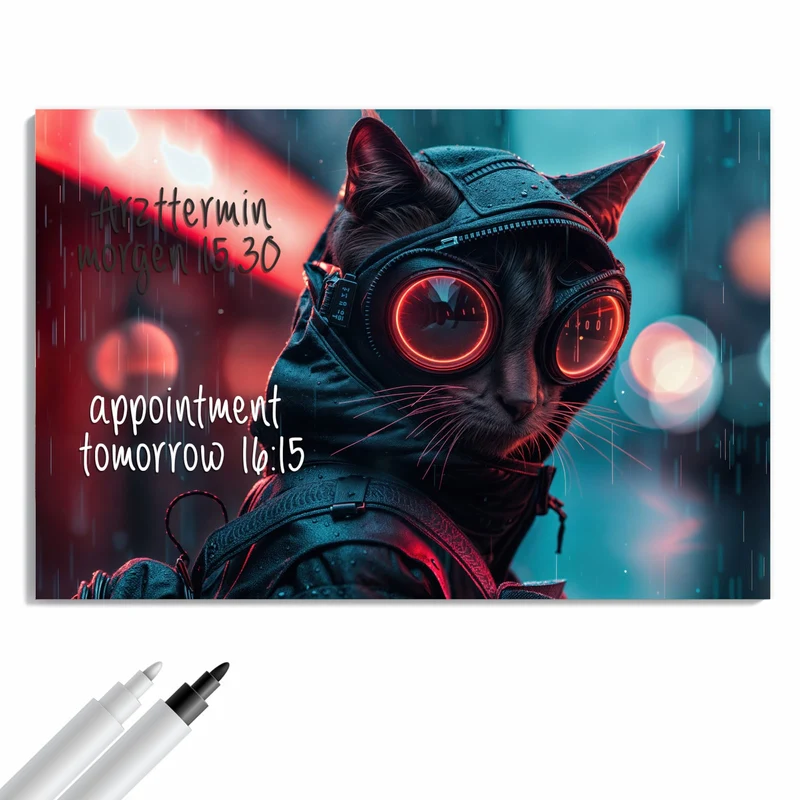 Metall Magnettafel - Katze im Neonregen