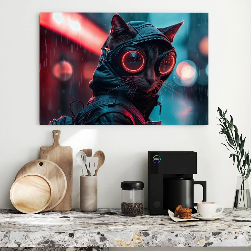 Metall Magnettafel - Katze im Neonregen