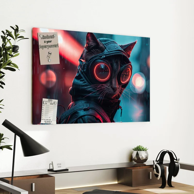 Metall Magnettafel - Katze im Neonregen