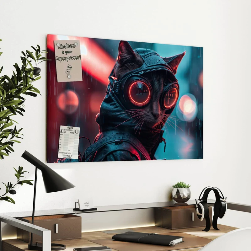 Metall Magnettafel - Katze im Neonregen