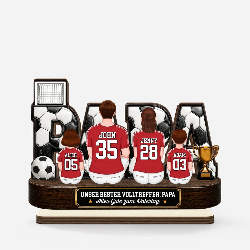 [3D-Optik] Unser bester Volltreffer Papa Mama Fußball - Personalisiertes Geschenk | Holzaufsteller Mit Standfuß