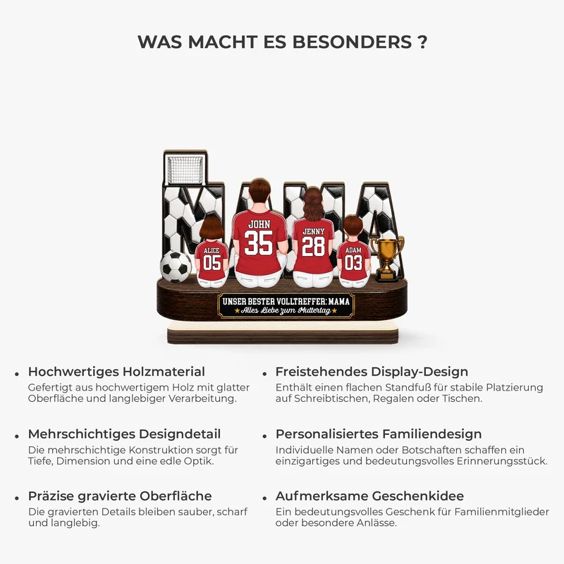 [3D-Optik] Unser bester Volltreffer Papa Mama Fußball - Personalisiertes Geschenk | Holzaufsteller Mit Standfuß