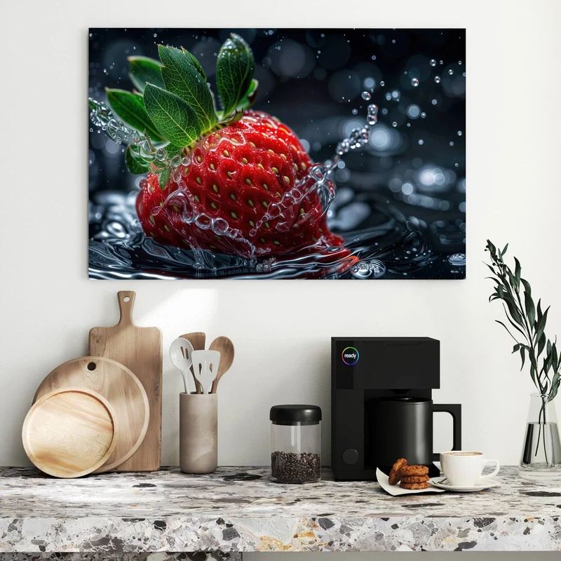 Metall Magnettafel - Erdbeere auf Schwarz