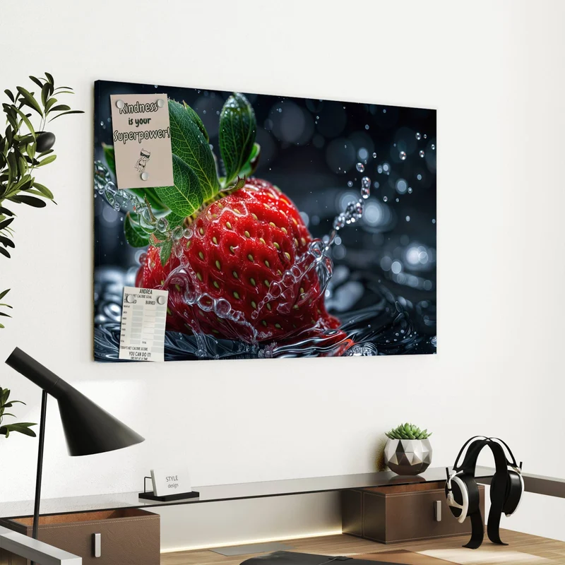 Metall Magnettafel - Erdbeere auf Schwarz