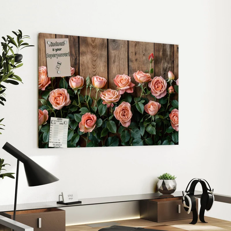 Metall Magnettafel - Rosen vor Holzwand