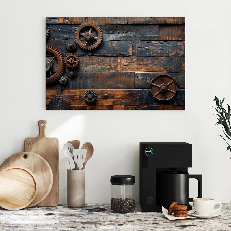 Metall Magnettafel - Zahnräder auf Holz