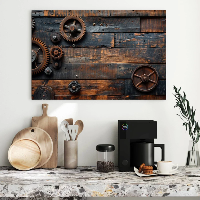Metall Magnettafel - Zahnräder auf Holz