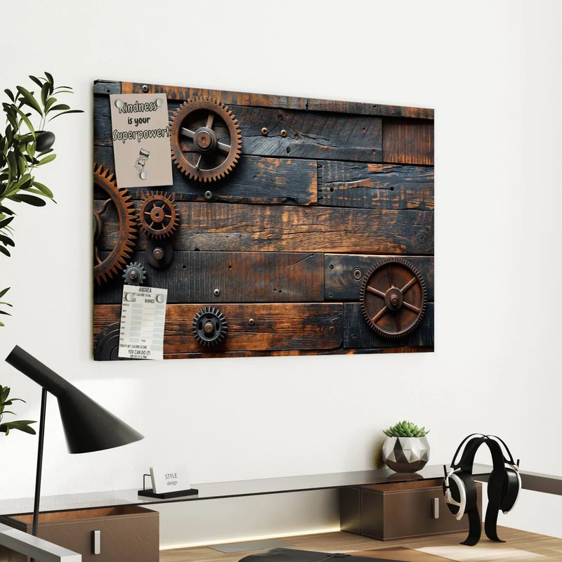 Metall Magnettafel - Zahnräder auf Holz