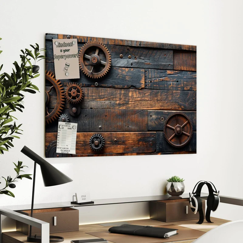 Metall Magnettafel - Zahnräder auf Holz