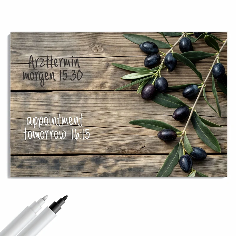 Metall Magnettafel - Holztisch mit Oliven