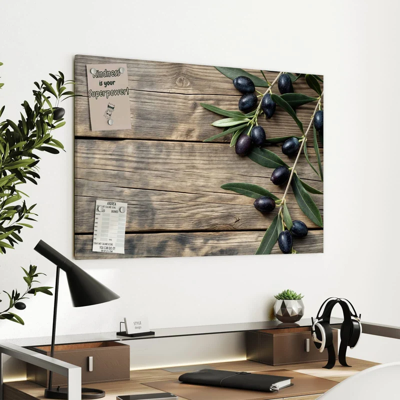 Metall Magnettafel - Holztisch mit Oliven