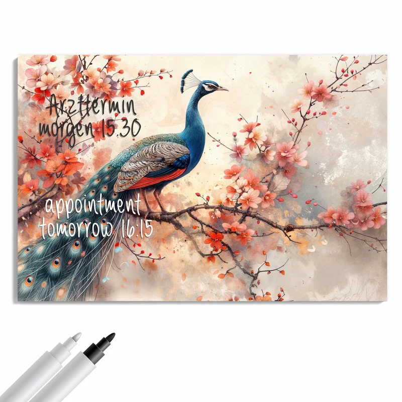 Metall Magnettafel - Pfau auf Kirschzweig