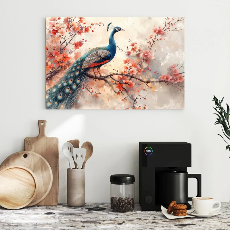 Metall Magnettafel - Pfau auf Kirschzweig