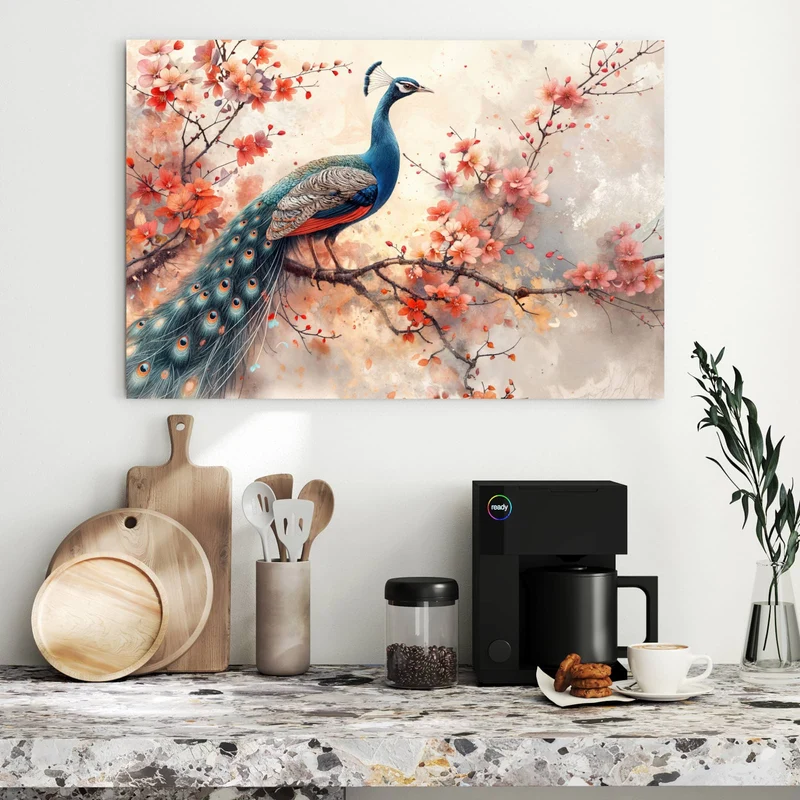 Metall Magnettafel - Pfau auf Kirschzweig