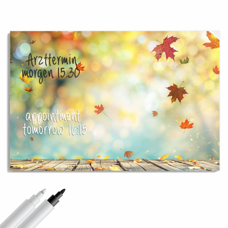 Metall Magnettafel - Herbstlaub auf Holz