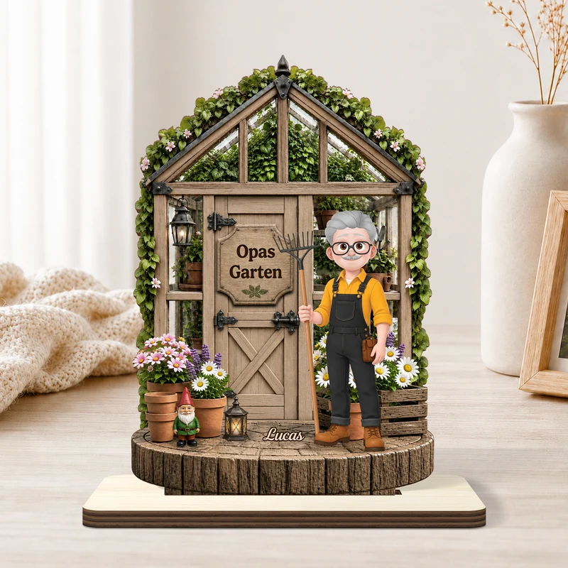 [3D-Optik] Opas Garten - Personalisiertes Geschenk | Holzaufsteller Mit Standfuß Opa Oma Cartoon