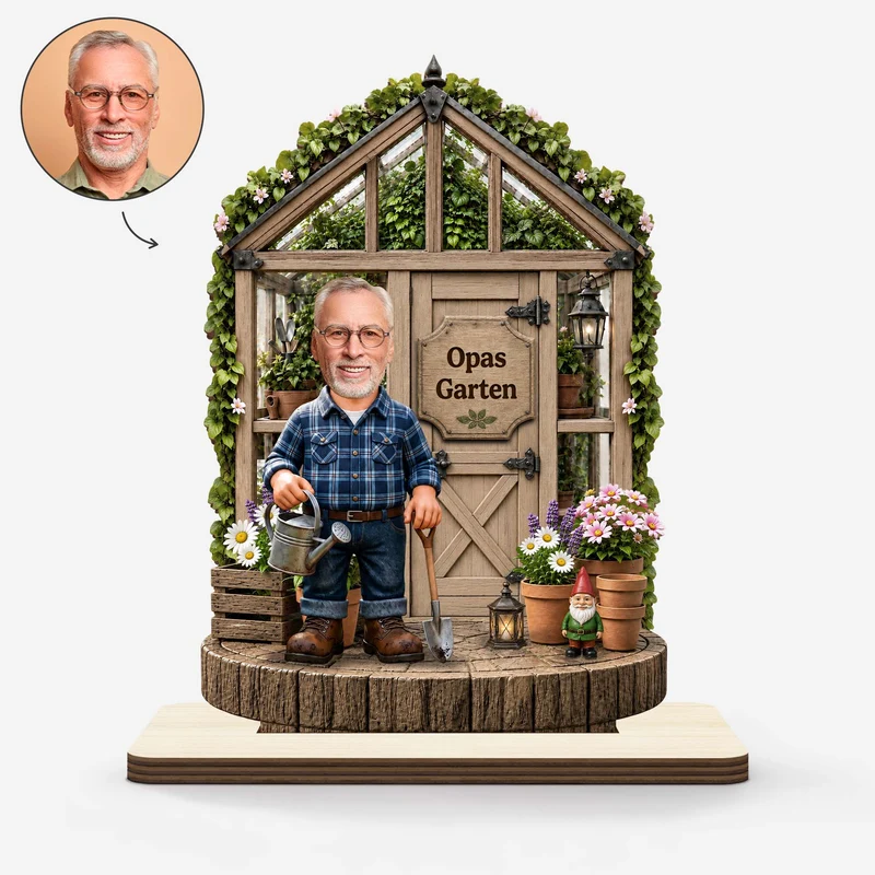 [3D-Optik] Opas Garten - Personalisierte Geschenke Foto | Holzaufsteller Mit Standfuß Opa Oma Gewächshaus