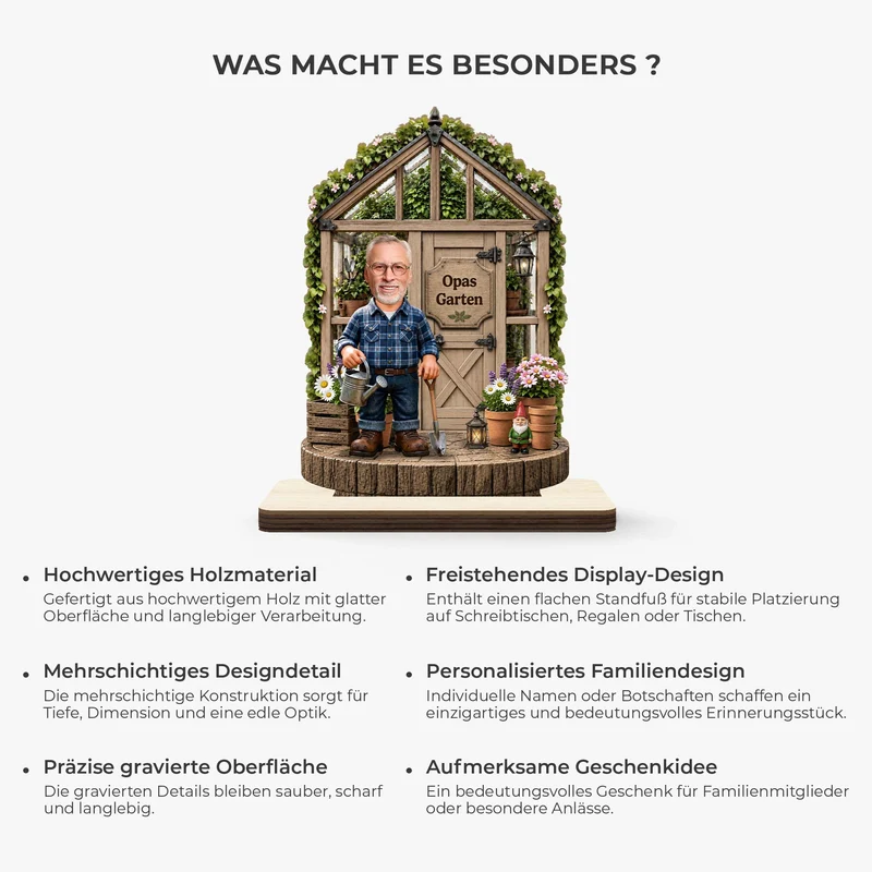 [3D-Optik] Opas Garten - Personalisierte Geschenke Foto | Holzaufsteller Mit Standfuß Opa Oma Gewächshaus