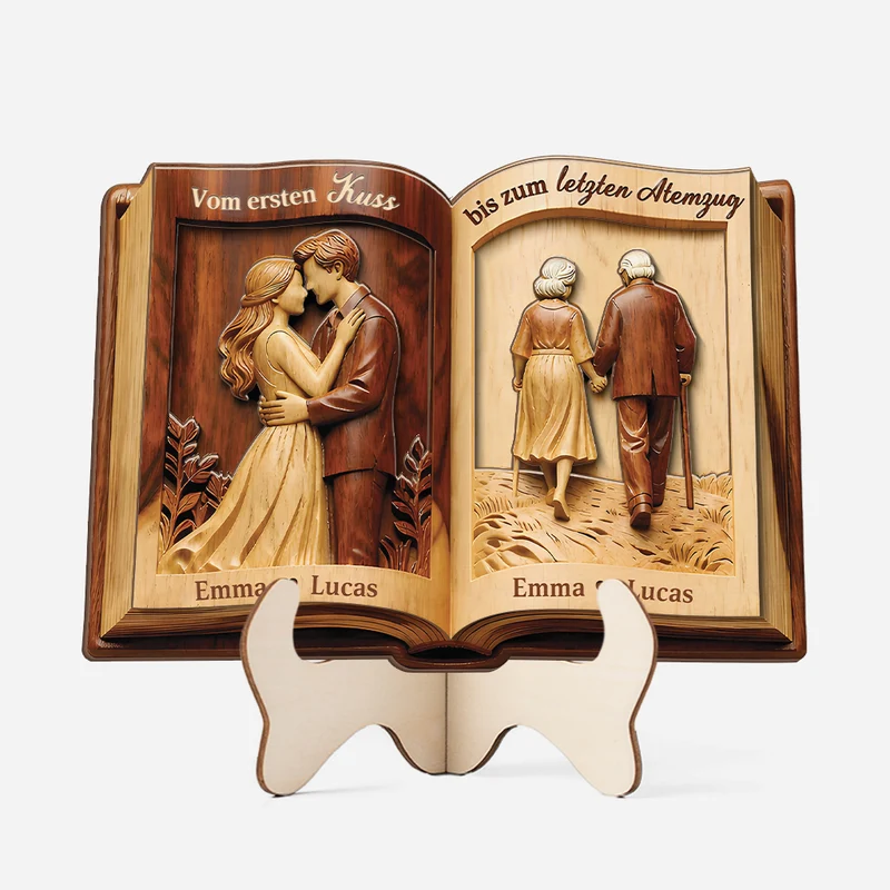 [3D-Optik] Vom Ersten Kuss Bis Zum Letzten Atemzug - Personalisierte Paar Geschenke | Holzaufsteller Buch