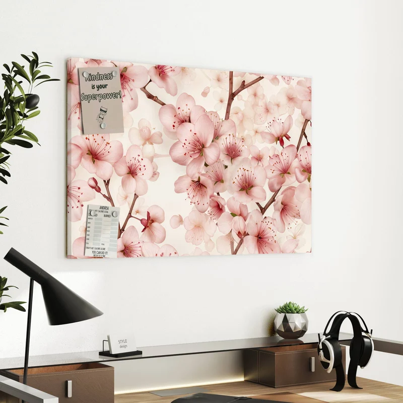 Metall Magnettafel - Kirschblüten auf Creme