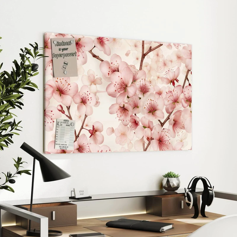 Metall Magnettafel - Kirschblüten auf Creme