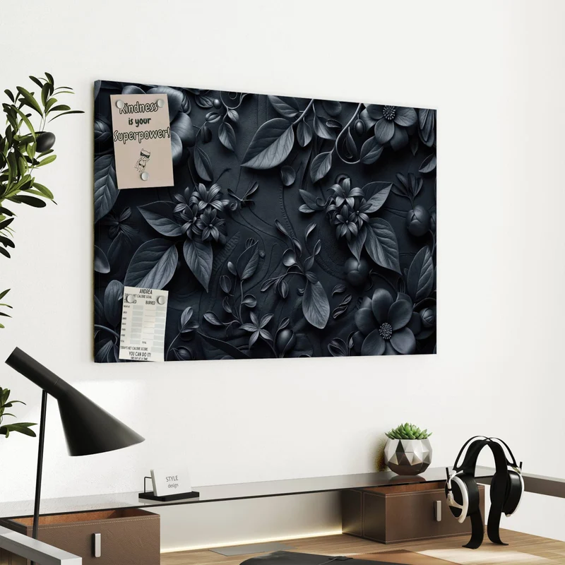 Metall Magnettafel - Blütenrelief in Schwarz