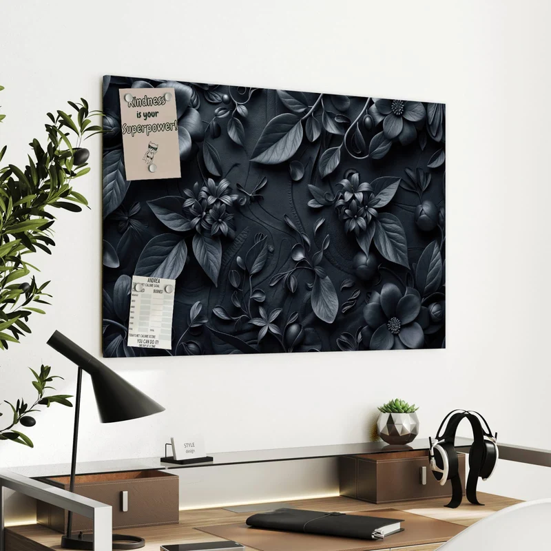 Metall Magnettafel - Blütenrelief in Schwarz