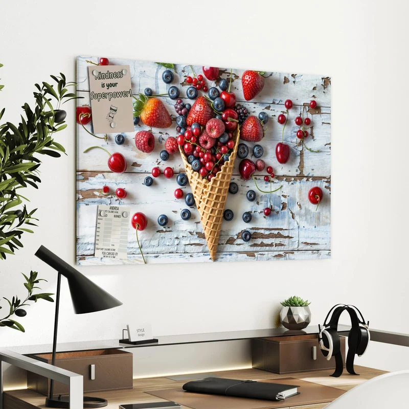 Metall Magnettafel - Beeren in der Eiswaffel
