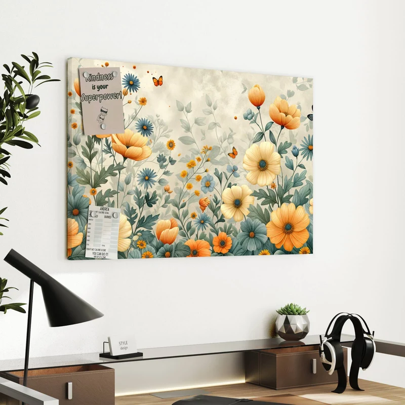 Metall Magnettafel - Sommerblüten auf Beige