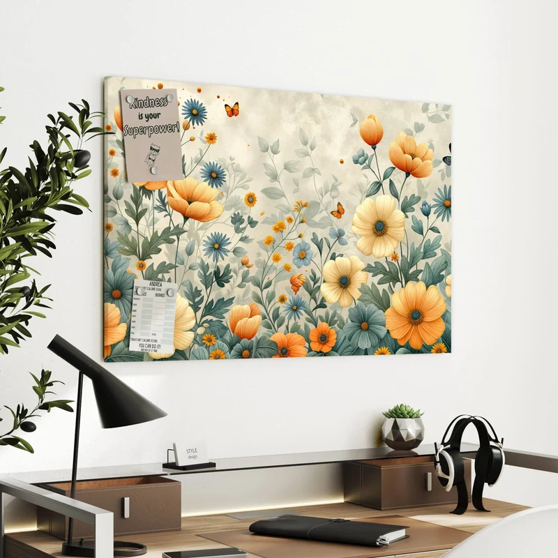 Metall Magnettafel - Sommerblüten auf Beige