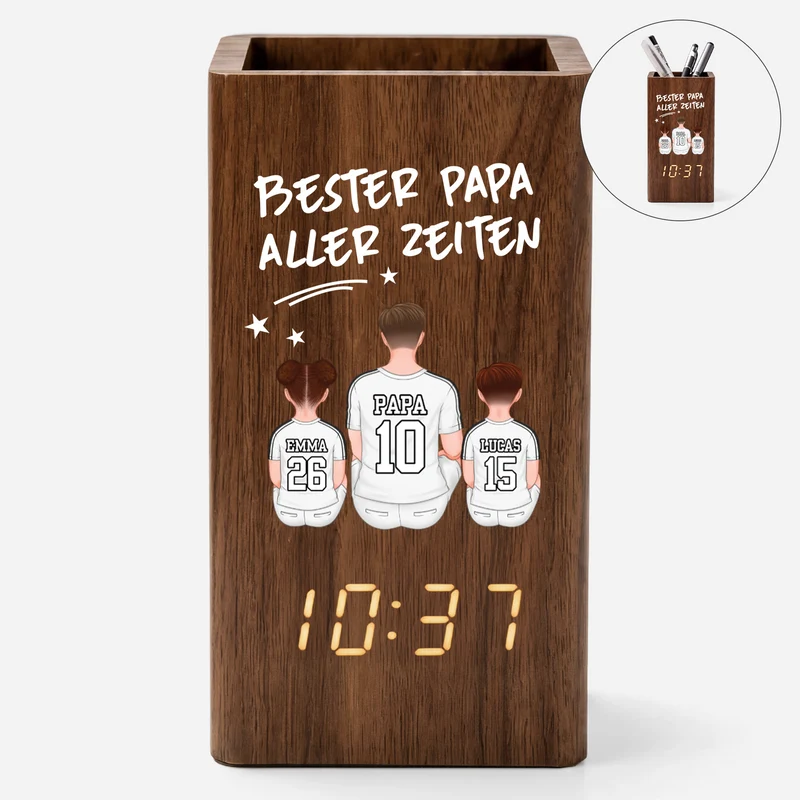 Bester Papa Ever Fußball - Personalisiertes Geschenk | Stiftehalter Mit Uhr