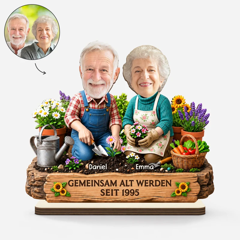 [3D-Optik] Gemeinsam Alt Werden - Personalisierte Geschenke Foto | Holzaufsteller Mit Standfuß Paar Garten