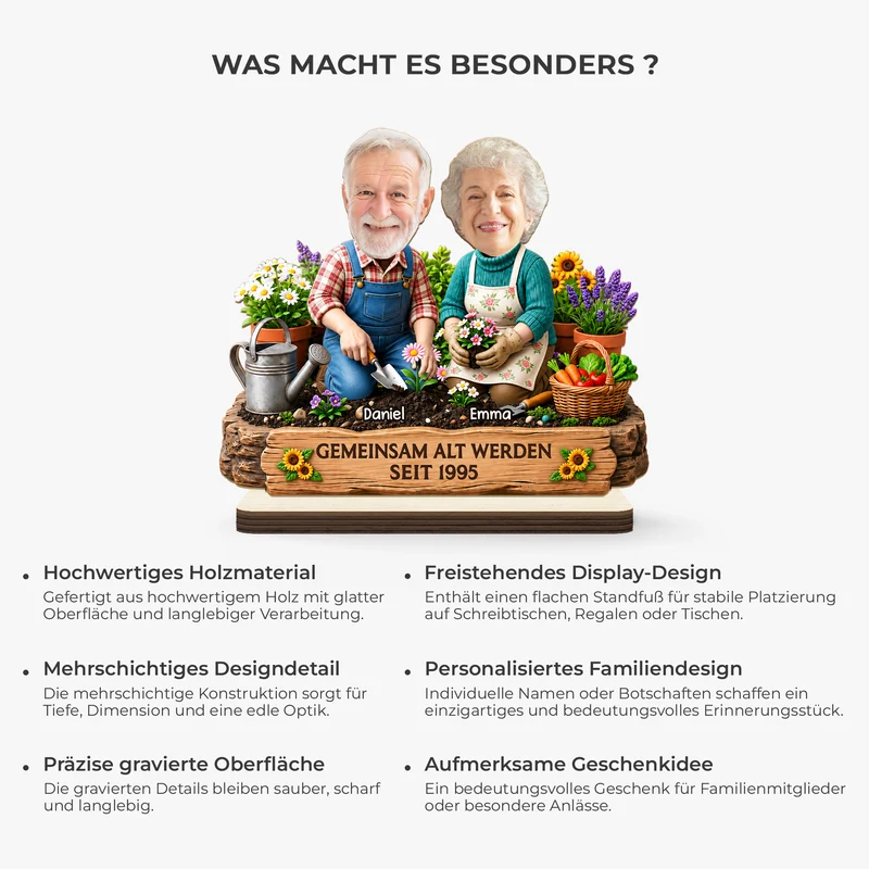 [3D-Optik] Gemeinsam Alt Werden - Personalisierte Geschenke Foto | Holzaufsteller Mit Standfuß Paar Garten