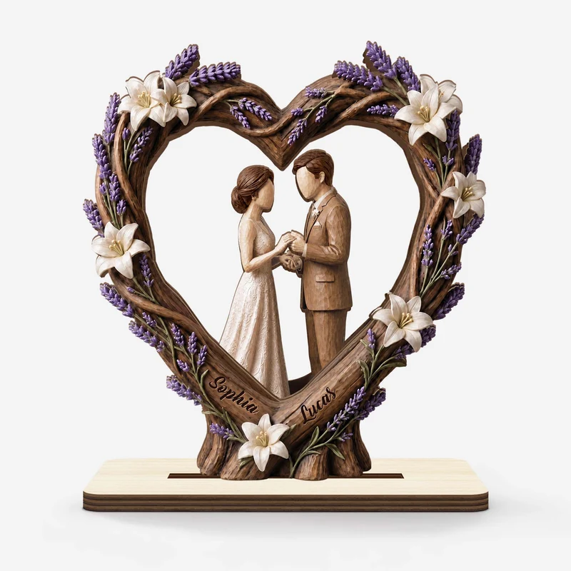 [3D-Optik] Brautpaar - Personalisierte Hochzeitsgeschenke | Holzaufsteller Mit Standfuß