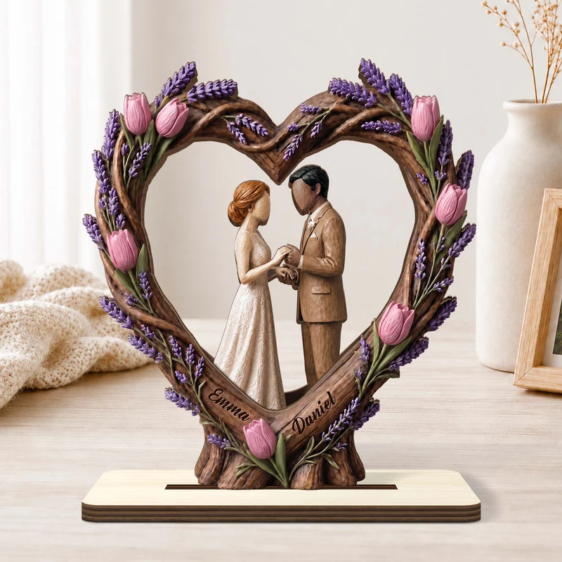 [3D-Optik] Brautpaar - Personalisierte Hochzeitsgeschenke | Holzaufsteller Mit Standfuß
