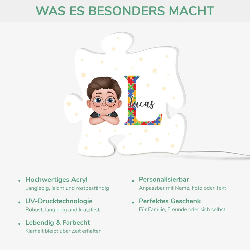 [3D-Optik] Anfangsbuchstabe - Personalisiertes Geschenk | Lightbox Tochter Sohn Autismus Puzzleteil