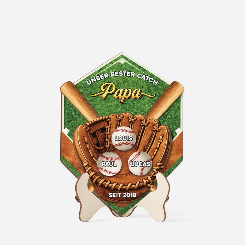 [3D-Optik] Unser Bester Catch: Papa - Personalisiertes Geschenk | Holzaufsteller Papa/Opa Baseball