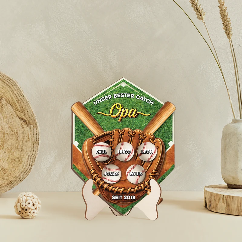 [3D-Optik] Unser Bester Catch: Papa - Personalisiertes Geschenk | Holzaufsteller Papa/Opa Baseball
