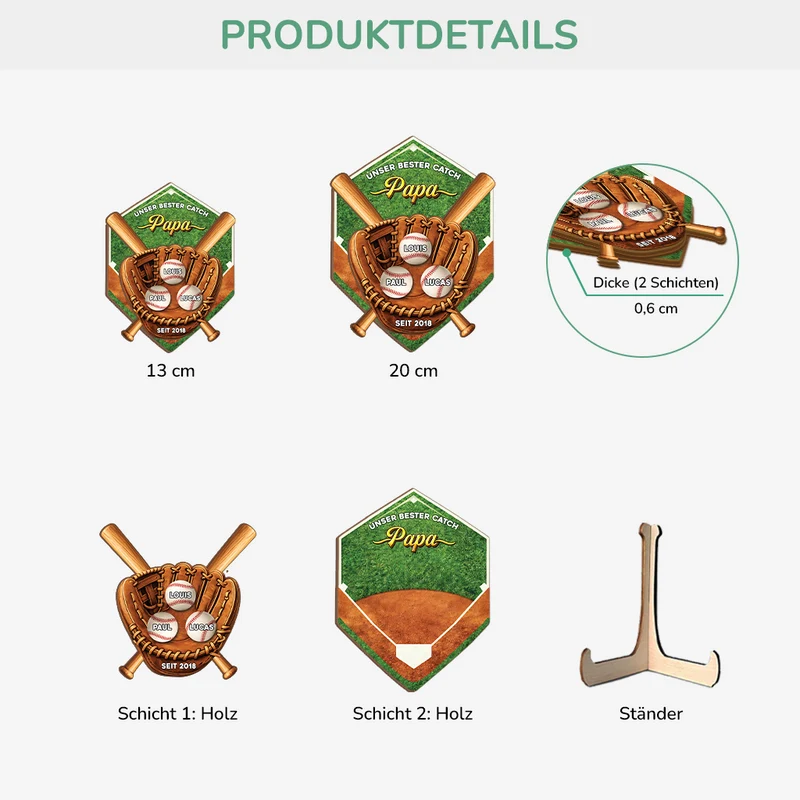 [3D-Optik] Unser Bester Catch: Papa - Personalisiertes Geschenk | Holzaufsteller Papa/Opa Baseball