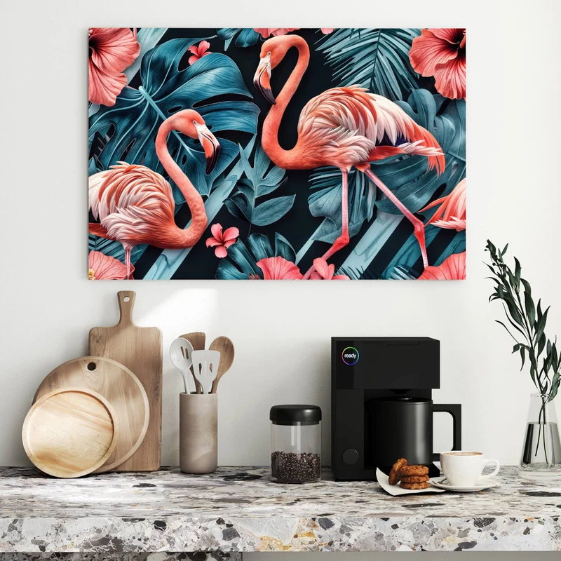Metall Magnettafel - Flamingo und Hibiskus